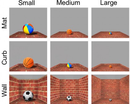 image shows nine images: three feature flat surfaces, three have a curb, and three have walls. In each column of the images is a ball of varying size.