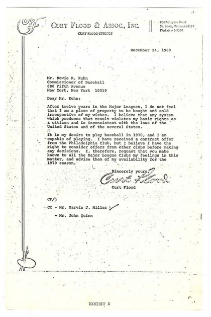 Photo of a letter written by Curt Flood