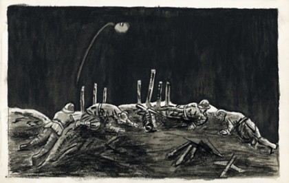 Black and white illustration features a berm with injured soldiers draped over it at night. The scene is illuminated by a flare in the sky