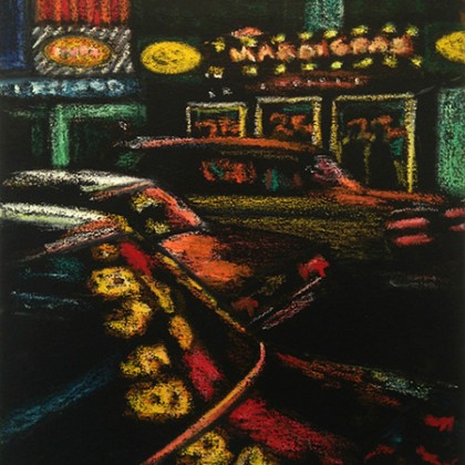 Nighttime painting of cars and neon lights