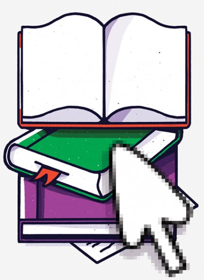 Illustration shows a computer cursor hovering over a stack of books