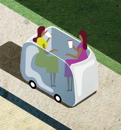 Illustration of two women drinking coffee in a driverless car