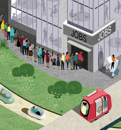 People line up at a storefront labeled 'jobs' as driverless cars drive by