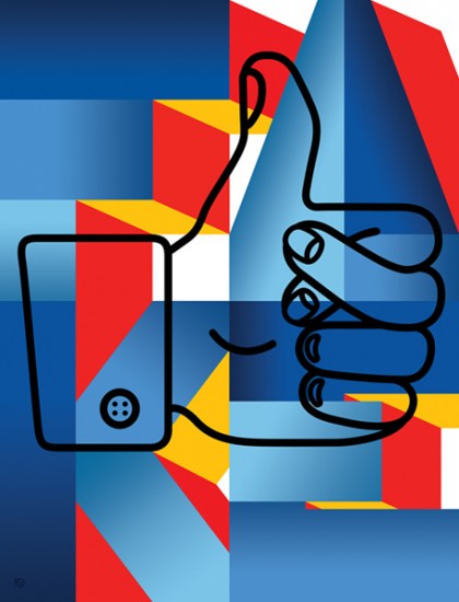 illustration of a like button, a thumbs up, with two fingers crossed