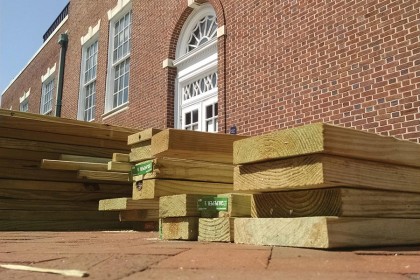 wooden 2x4s outside krieger hall