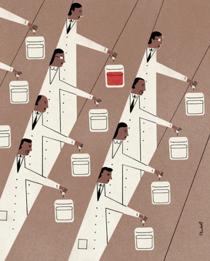 Illustration shows an assembly line of sorts of various scientists adding liquid to containers; only one is red