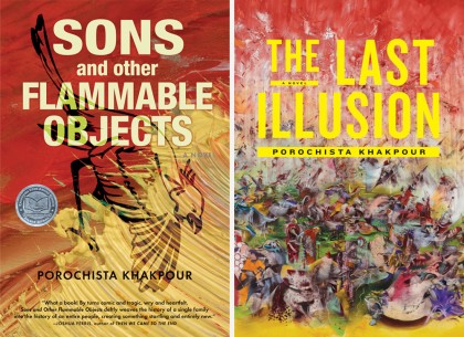 Two book covers: 'Sons and Other Flammable Objects' and 'The Last Illusion'