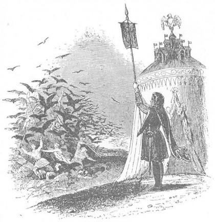 Black and white etching depicts a squire outside of a tent holding a banner as a flock of crows takes flight