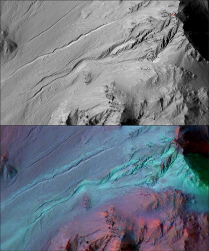 Black and white image on top features topography of Mars; bottom image features red, purple, and blue streaks indicating the materials on the surface.