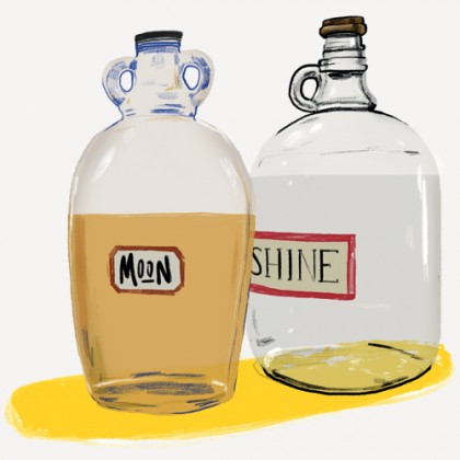 Illustration features two bottles of moonshine, one full one empty