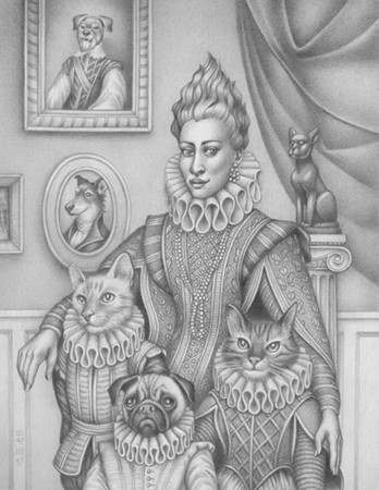 Illustration depicts a woman, two cats, and a dog all in Elizabethan ruffs and outfits