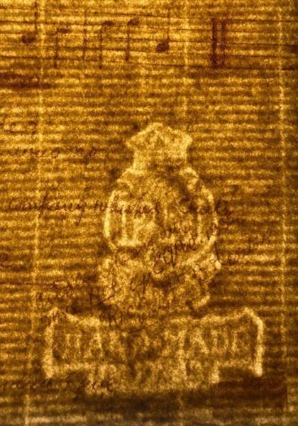 Close-up of a watermark found on a page of sheet music signed by EA Poe
