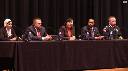 The panel on the Future of Policing in America, from left: Linda Sarsour, Mark Puente, Margaret Huang, Nick Mosby, and Kevin Davis