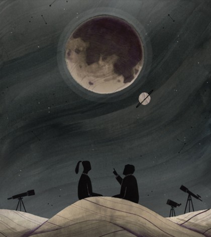 Illustration depicts two people looking up in the night sky at the moon and Saturn