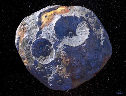 Artist's impression of 16 Psyche asteroid shows a bluish-gray, cratered object floating in space