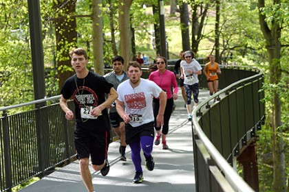 Several runners cross a pedestrian bridge in a wooded area near JHU's campus