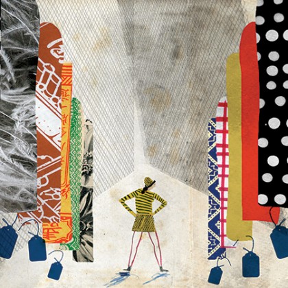 Illustration of a girl standing among clothing racks