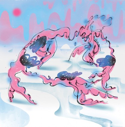 A drippy, trippy image of a ring of five people make of drippy pink goo