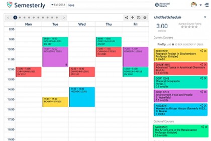 Image depicts a color-coded course schedule of six classes