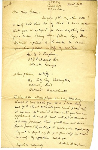 A yellowed piece of paper with a letter written in browning ink