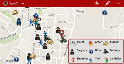 A map of a neighborhood shows various symbols scattered at different locations, with a key showing that each symbol represents a burglary, arrest, shooting, or assault