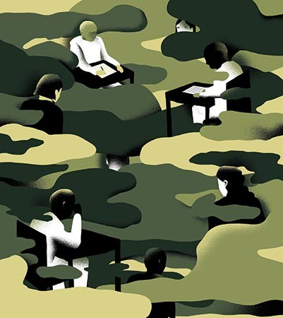 Illustration shows people working at desks interspersed with a camouflage motif