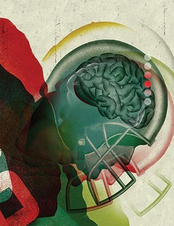 Illustration shows a football player wearing a helmet and his brain