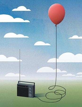 Illustration shows a red balloon plugged into the audio jack of a radio