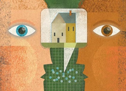 Illustration depicts two people with an image of a house in a dialogue box