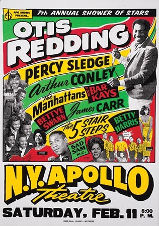 Poster for Otis Redding performance at the Apollo is red, white, black, yellow, and green