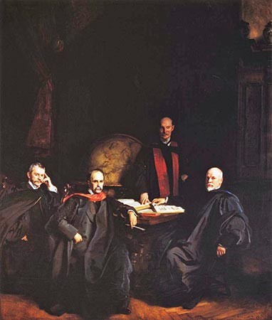 Oil painting depicts four men in robes and stoles