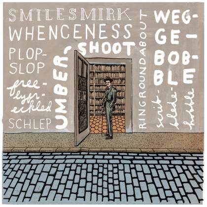 An illustrated James Joyce stands in the doorway of a bookstore. Overlaid on the image are Joycean words, such as 