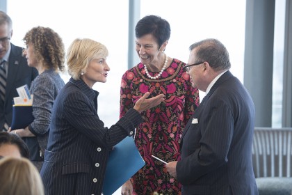 Bridget van Kralingen (left) speaks with Karen Peetz and Carey Business School Dean, Bernard Ferrari 