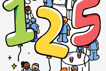 Illustration shows doctors mingling at tables with giant balloons reading 125