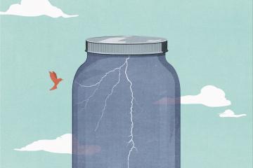 An illustration of an empty jar with a crack in it suspended upon a background of clouds with a bird flying nearby