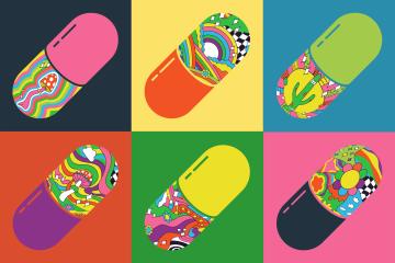 Multicolor illustration of pills with psychedelic designs inside them
