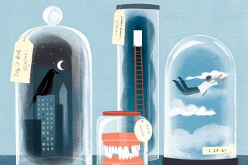 illustration of several jars containing representations of popular dreams, including a ladder, teeth falling out, and a person flying