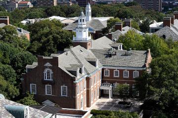 An overhead view of brick buildings on the Johns Hopkins Homewood campus.