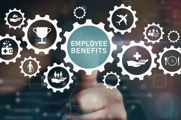A concept illustration shows a sprocket with the words Employee Benefits surrounded by other sprockets with drawings representing benefits available through HR.