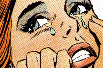Closeup of a comic book illustration featuring a crying woman grasping her face
