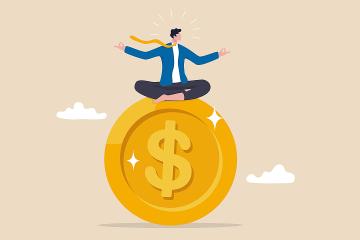Illustration of a happy-looking businessman meditating in a cross-legged pose atop a large gold coin.