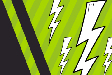 Neon green, black, and white image of lightning bolts