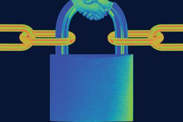 Pieces of chainlink are connected by a padlock. Incorporated in the padlock is an image of two hands shaking