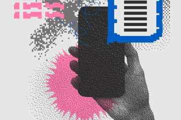 Graphic collage of a hand holding a phone with digital text and pixelated noise overlaying the image