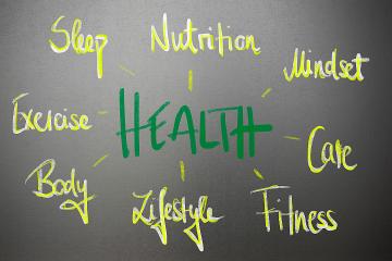 The word health surrounded by the words sleep, nutrition, mindset, care, fitness, lifestyle, body, and exercise