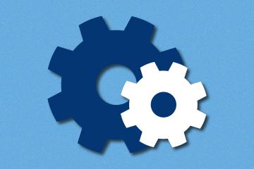 The gear symbol associated with the Hub website is shown in dark blue and white on a medium blue background
