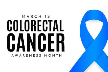 Logo for Colorectal Cancer Awareness Month showing the words and a blue ribbon representing the disease