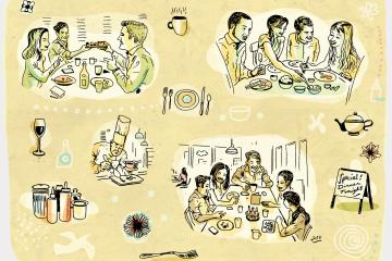 Illustration of people eating at restaurants