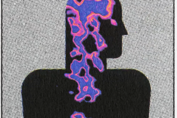 A silhouette illustration with blues and pinks overlaid, as in a brain scan