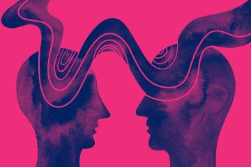 Abstract illustration of two heads in profile with wave connecting their brains, indicating empathy